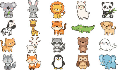 Fototapeta premium Mega Collection of Twenty Cute Kawaii Animal Icons Including Lion, Panda, Koala, and Elephant for Children’s Educational Stickers, Nursery Decor, Apps, and DIY Stationery Projects.