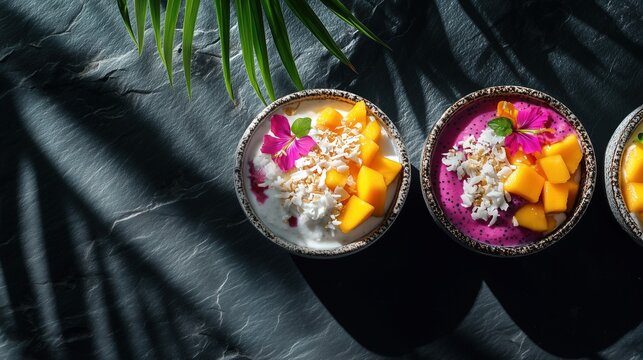 National Frozen Yogurt Day: flat lay of three exotic frozen yogurt bowls with dragon fruit, passion fruit, mango, coconut flakes and edible hibiscus flowers on a dark volcanic stone surface