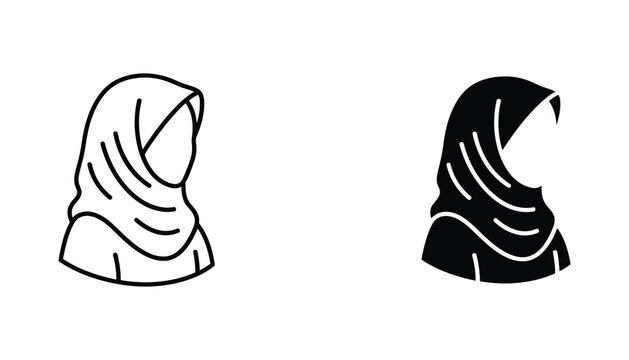 Woman wearing hijab icon set with simple facial features in outline and solid black silhouette for diversity and cultural representation design projects