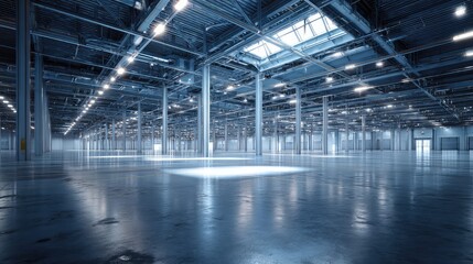 Naklejka premium Empty industrial warehouse or logistics center interior featuring high ceilings, numerous structural columns, strip lighting, skylights, and a clean concrete floor, ready for business operations
