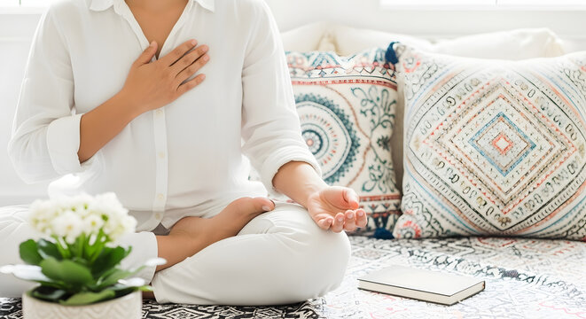 A woman in white clothing meditates peacefully in a serene setting, with her hand on her heart and the other resting gently.