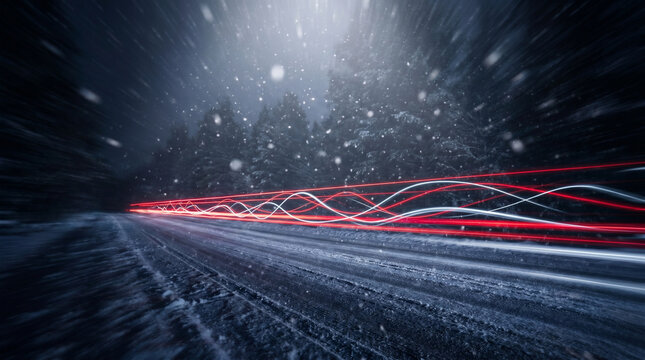 Winter road motion blur light trails and snow streaks at night