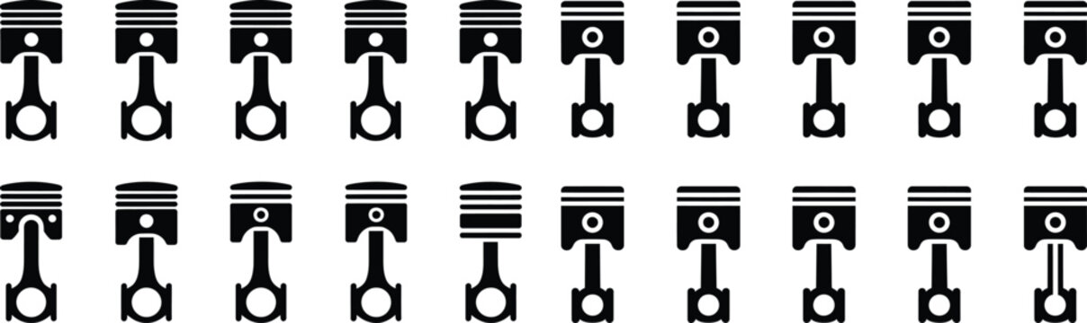 Piston and connecting rod engine component icon set with internal combustion cylinder mechanical component automotive machinery crankshaft engineering