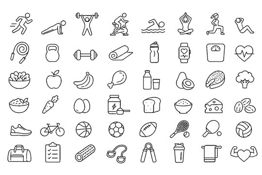 Fitness and Healthy Lifestyle Line Icons Set with Sports Equipment Exercise and Wellness