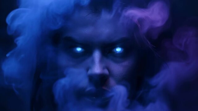 Scary man with glowing eyes appearing from a thick cloud of swirling blue and purple smoke on a black background, representing a demon, ghost, or supernatural entity from a nightmare