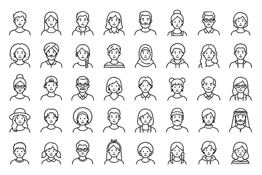 Diverse People Avatar Line Icons Set with Men Women Characters and User Profiles