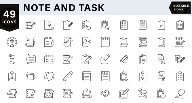 Notes and task icon set. Includes reminder, priority, deadline, completed, calendar, schedule, notification. Outline icon set.editable stroke