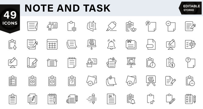 Notes and task icon set. Includes reminder, priority, deadline, completed, calendar, schedule, notification. Outline icon set.editable stroke