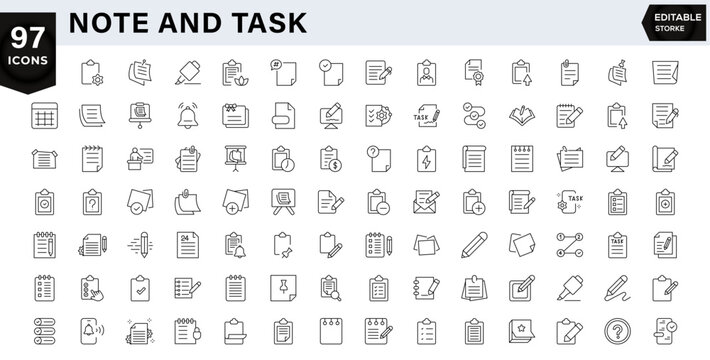Notes and task icon set. Includes reminder, priority, deadline, completed, calendar, schedule, notification. Outline icon set.editable stroke