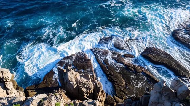 Aerial slow motion tracking shot of ocean waves crashing on rocky coastline from cliff top during sunny daytime