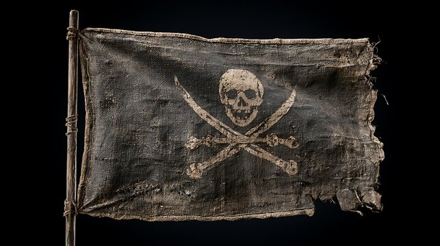 Aged weathered pirate flag with skull and crossed swords
