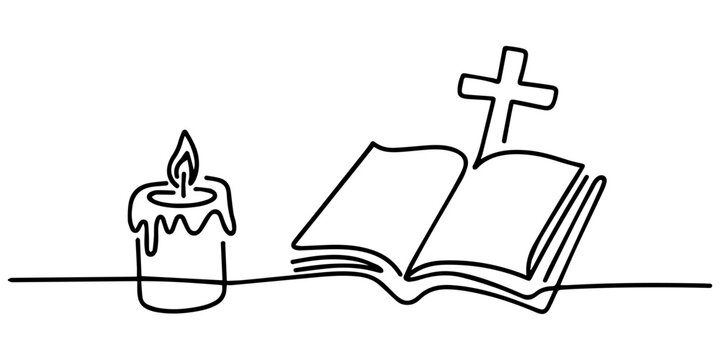 Continuous one line drawing silhouette of Bible and candle. Bible linear icon, Single line drawing of the holy book. Vector illustration, Line art of Bible Editable stroke, Bible Book Handdrawn Sketch