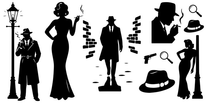 Film noir silhouette set: detectives, femme fatale and mystery elements. Vintage 1940s crime and suspense icons, isolated.