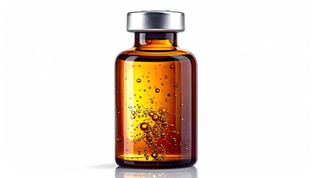 Amber glass vial with silver cap holds golden liquid with bubbles