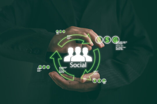 Close up of hands cupping a digital social icon with people symbols and circular arrows