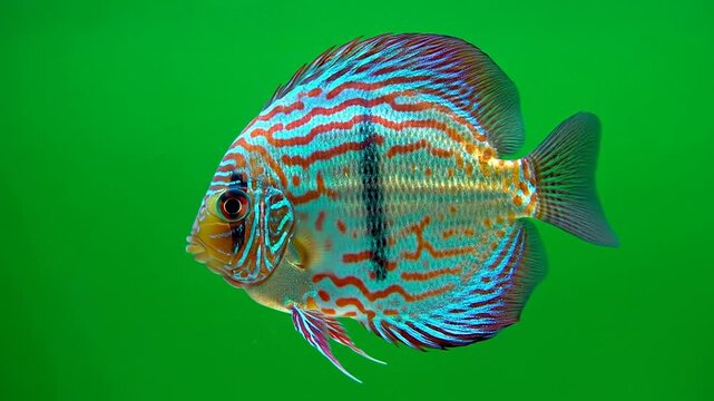 Vibrant Discus Fish Swimming Against Vivid Green Background Showcasing Colorful Patterns In A Tropical Aquarium Environment
