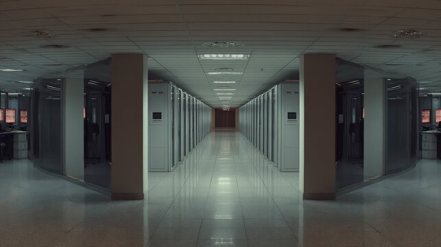 Server room corridor extends into the distance, lined with racks of computing equipment, showcasing advanced data center infrastructure and connecting networks