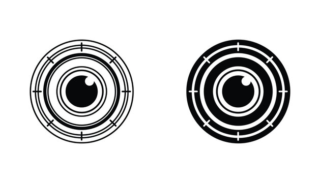Camera lens shutter icon set representing photography and optical vision in sharp black and white vector art for tech and media design