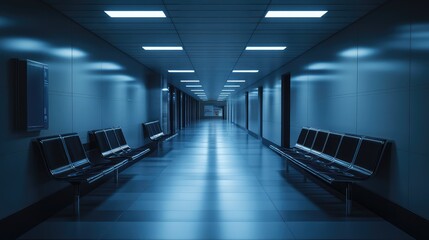 Fototapeta premium Empty silent hallway featuring rows of black waiting benches under cool blue overhead lighting, creating a futuristic and isolated atmosphere in a modern public interior