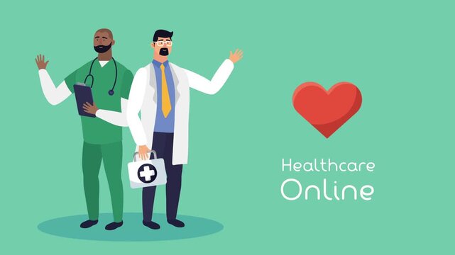 Healthcare online animation with professional doctors and heart cardio signal motion graphic.