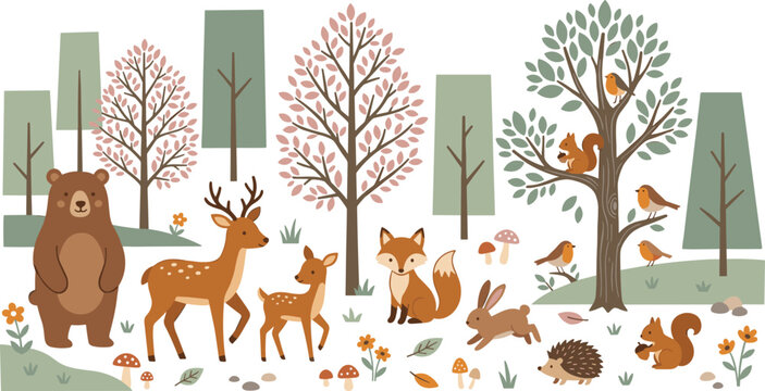 Woodland Forest Scene with Cute Bear, Deer, Fox, and Squirrel for Children&rsquo;s Nature Books, Nursery Wall Art, Autumn Stationery Designs, and Educational Wildlife Posters.