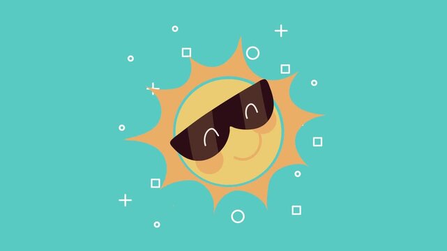 Cute animated sun with sunglasses motion graphics video on a vibrant teal background, cheerful cartoon character with smile.