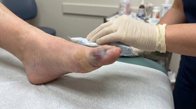 Medical professional examining bruised toe with gloved hands in clinic