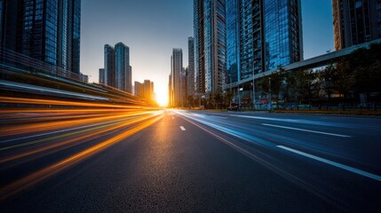 Fototapeta premium Streaking lights on a road at sunset with tall buildings