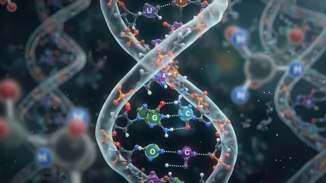 Deoxyribonucleic acid helix structure spinning, revealing genetic code, biological information storage, microscopic biochemical sequence, intricate cellular blueprint, scientific discovery.