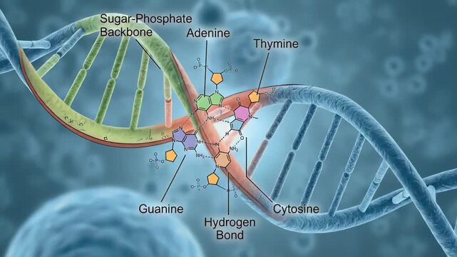Deoxyribonucleic acid animatedly visualizes, presenting double helix architectural form, vital genetic instruction, fundamental molecular base, sugar phosphate backbone.