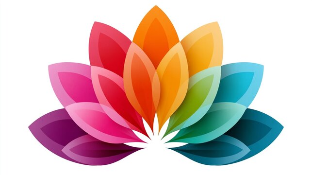 Buntes regenbogenfarbiges Lotus-Blumen-Logo auf wei&szlig;em Hintergrund mit &uuml;berlappenden Bl&uuml;tenbl&auml;ttern.