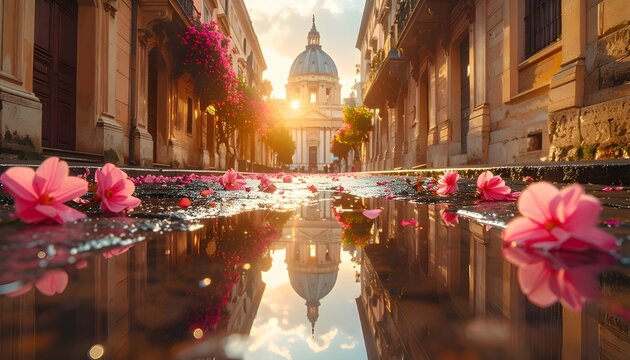 Romantic European street reflection with pink flowers and historic dome at golden hour.