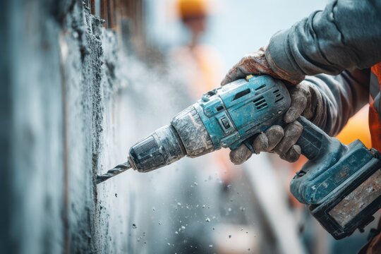 A person wearing gloves drills into a concrete wall with a power drill, with another worker visible in the background.