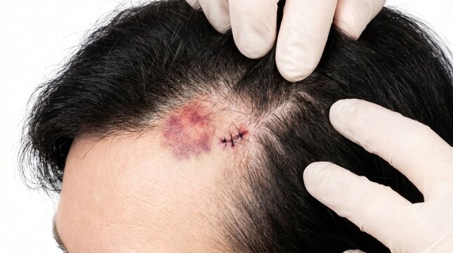 Close-up of scalp with surgical stitches and bruising after medical procedure