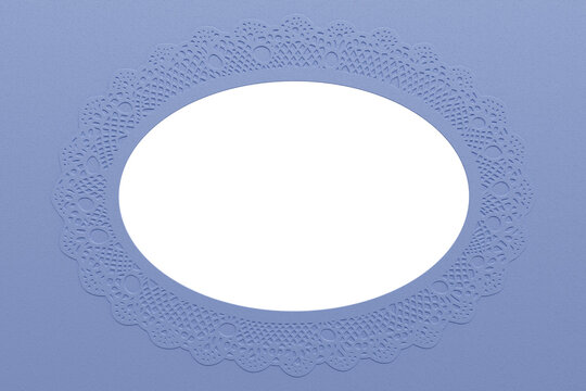 Embossed doily style paper lace frame with central oval cutout in soft blue tone. Ideal as background and overlay for wedding designs.