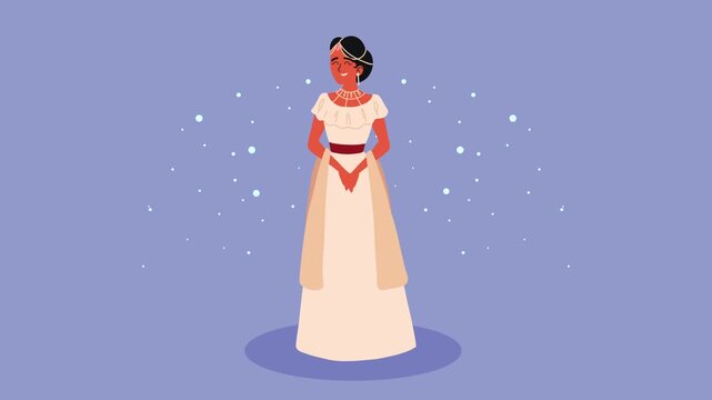 Elegant woman in white gown with red sash and delicate jewelry, animated sparkles.