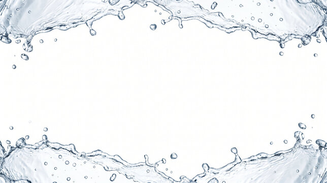 Pure dynamic water splash frame with crystalline droplets forming top and bottom borders on a white background with central horizontal copy space