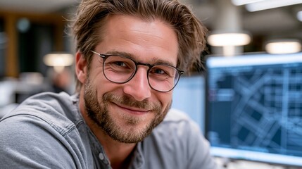 Fototapeta premium Ein lächelnder Architekt mit Brille sitzt in einem modernen Büro vor einem Computerbildschirm.