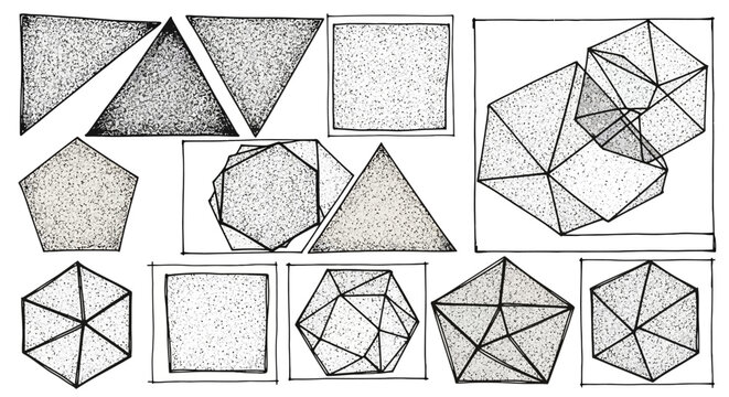 Set of Hand Drawn Geometric Shapes and Platonic Solids Sketch