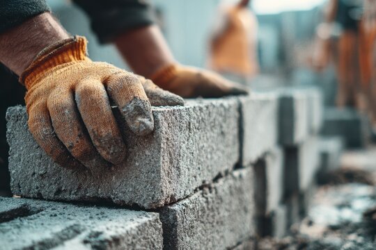a persons hands wearing gloves stacking concrete blocks