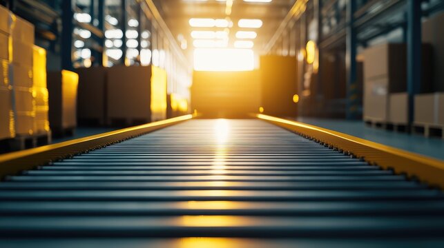 Empty conveyor belt track moving through a large, industrial warehouse with stacked cardboard boxes and pallets, bathed in warm, glowing sunlight, highlighting logistics and distribution
