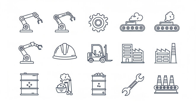 Industrial tools and machinery icons.