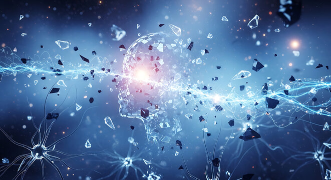 Abstract exploding human head made of light particles and geometric shapes