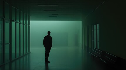 Fototapeta premium Solitary man stands in a long, dark green hallway filled with dense fog, evoking feelings of mystery, contemplation, and liminal space, creating a surreal and eerie atmosphere