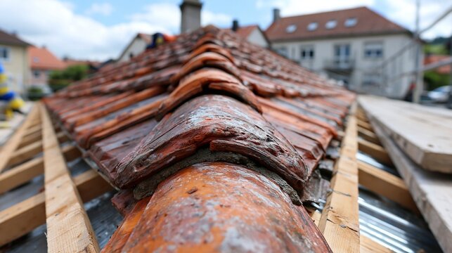 Nahaufnahme alter, verwitterter Tonziegel auf einem Dach im Reparaturzustand mit sichtbarer Dachkonstruktion.