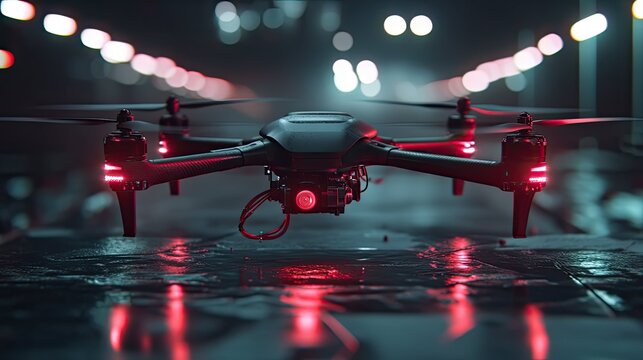 Advanced quadcopter drone featuring red guiding lights and a gimbal camera, hovering above a wet surface creating vivid reflections against a blurred urban background with bokeh lights
