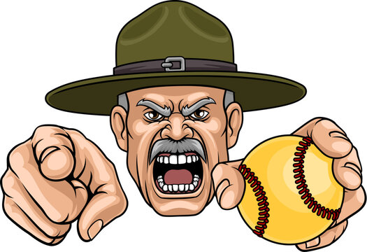 An angry drill instructor or sergeant bootcamp army soldier cartoon character holding softball ball and pointing sports team mascot illustration.