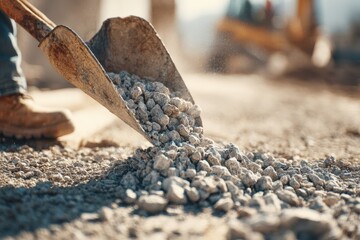 Naklejka premium A construction workers shovel pours gravel onto a pile on a construction site.