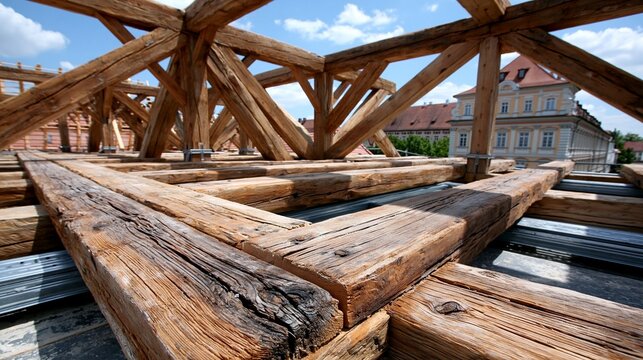 Alte Holzbalken einer historischen Dachkonstruktion auf einer Baustelle unter freiem Himmel.