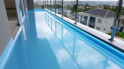 Naklejka premium Ein langer Balkon mit blauem, glänzendem Epoxidharzboden und Glasgeländer mit Meerblick.